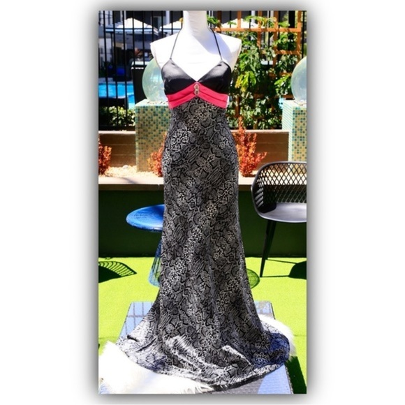 Blondie Nites ✦ Animal Print Strapless Gown ✦ Black & Pink Halter Prom Dress 3 - Picture 3 of 17
